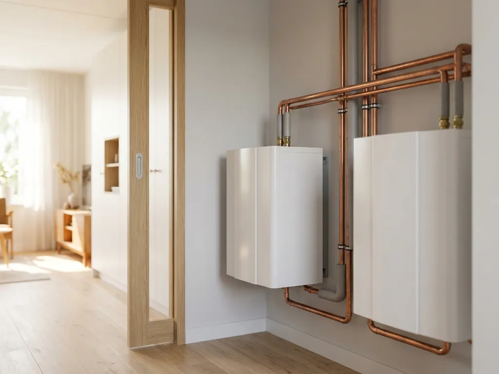 Twee compacte warmtepompen naast elkaar in een moderne technische ruimte, verbonden met koperen leidingen, minimalistische Nederlandse woning op achtergrond.