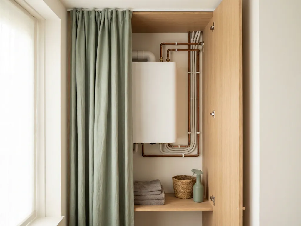 Compacte witte warmtepomp in een nette Nederlandse meterkast met koperen leidingen en kabelgoten, deur half open.