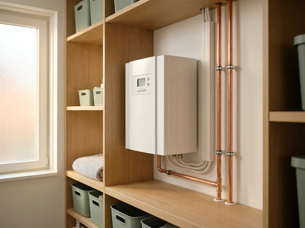 Compacte witte warmtepomp in een nette Nederlandse meterkast met koperen leidingen en lichte eiken afwerking.