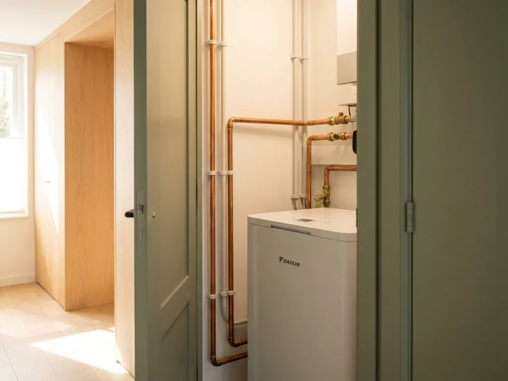Compacte witte warmtepomp in een Nederlandse meterkast, met netjes weggewerkte koperen leidingen langs witte wanden.