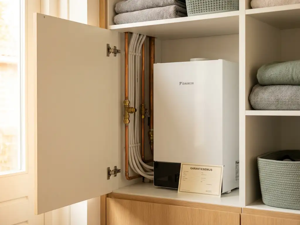 Compacte witte warmtepomp in een moderne Nederlandse meterkast met koperen leidingen, kabelgoot en garantiedocument.