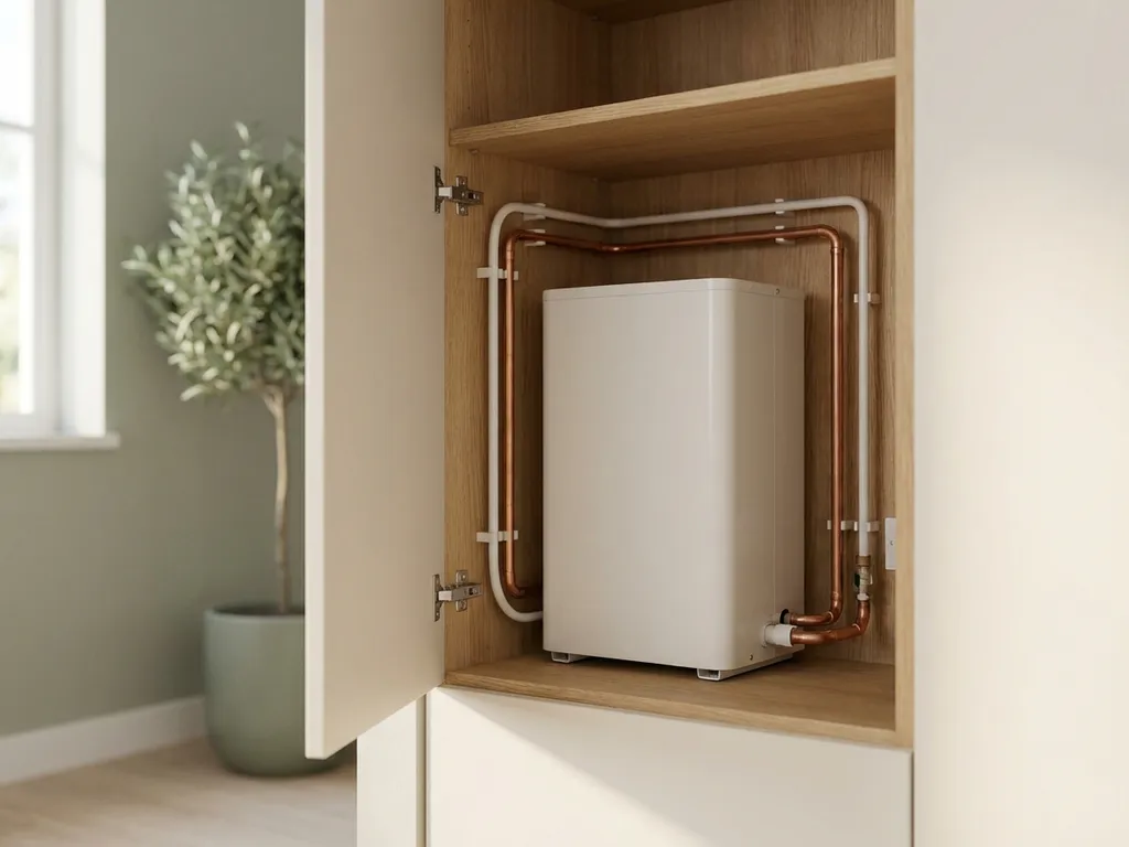 Compacte witte warmtepomp in moderne Nederlandse meterkast met koperen leidingen, eiken planken en saliegroen plant op de achtergrond.