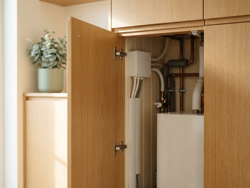 Compacte witte warmtepomp in een nette Nederlandse meterkast met koperen leidingen en lichte eiken accenten.