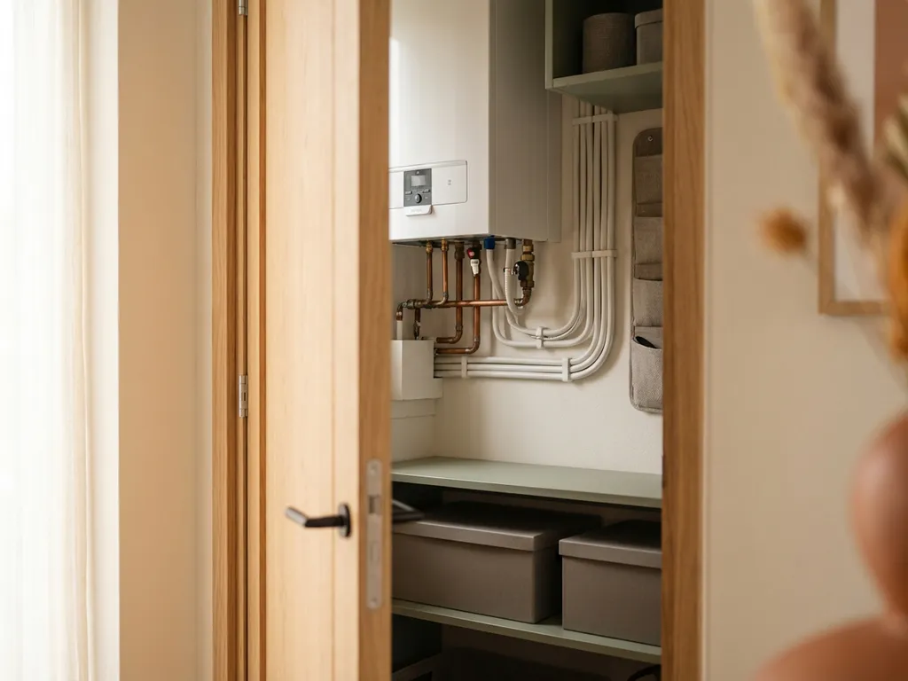 Compacte witte warmtepomp in een nette Nederlandse meterkast met koperen leidingen en lichte houten accenten.