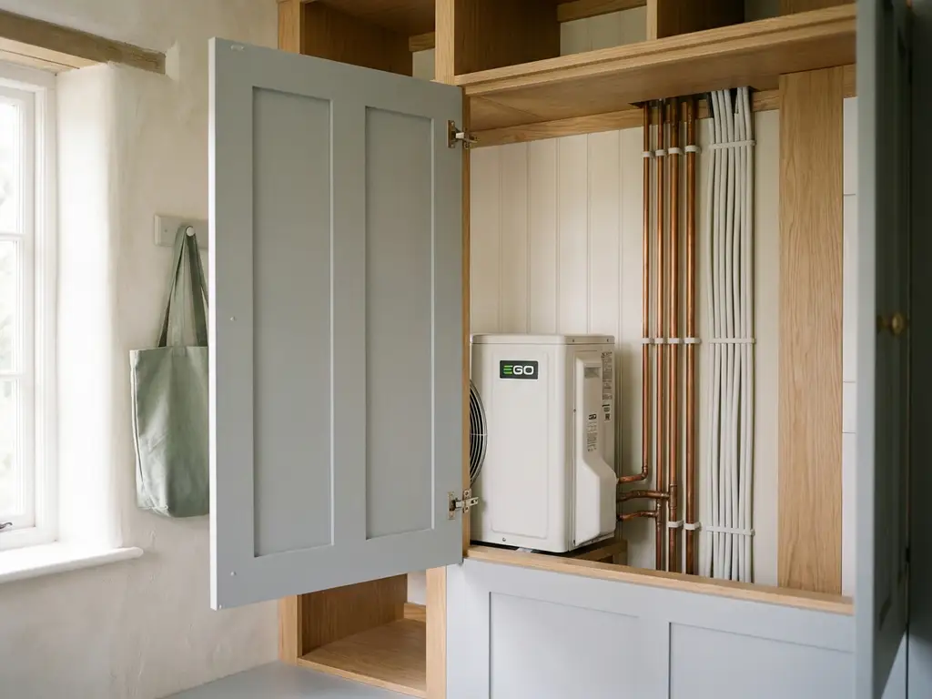 Witte EGO warmtepomp in een nette Nederlandse meterkast met koperen leidingen en lichte eiken afwerking.