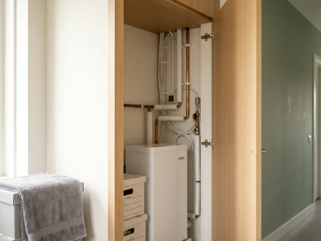 Compacte witte warmtepomp in een moderne Nederlandse meterkast met koperen leidingen en nette kabelgeleiding.