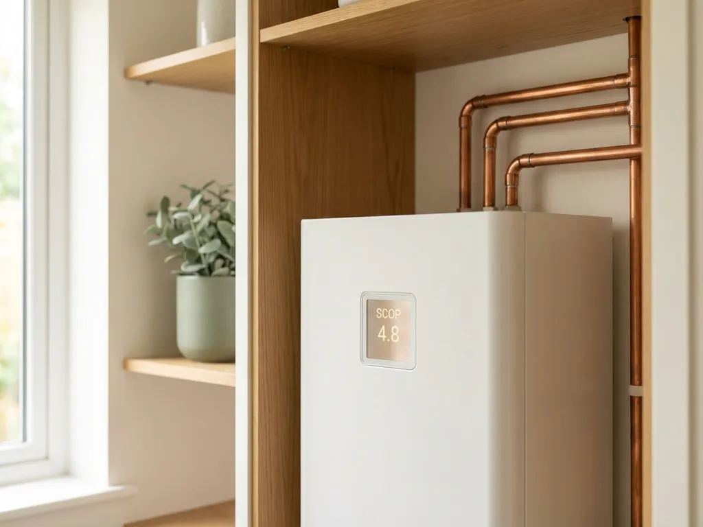 Compacte witte warmtepomp in moderne Nederlandse meterkast met koperen leidingen en digitaal efficiëntiepaneel.