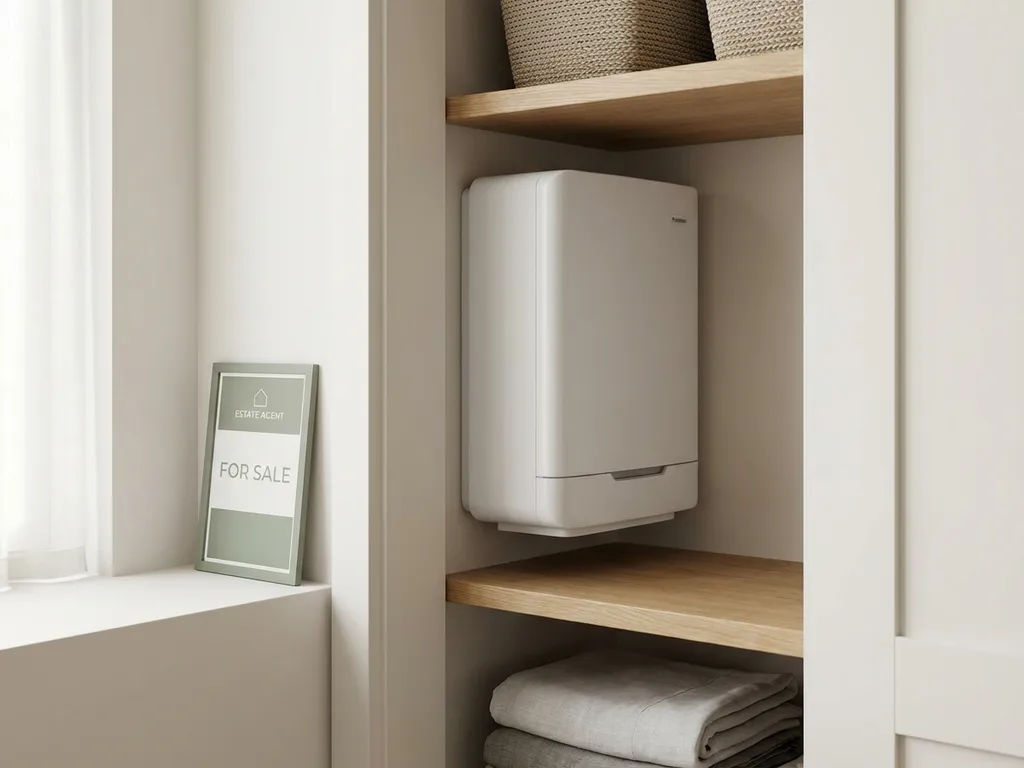 Compacte warmtepomp in nette Nederlandse meterkast met een te-koop-bord tegen de muur.