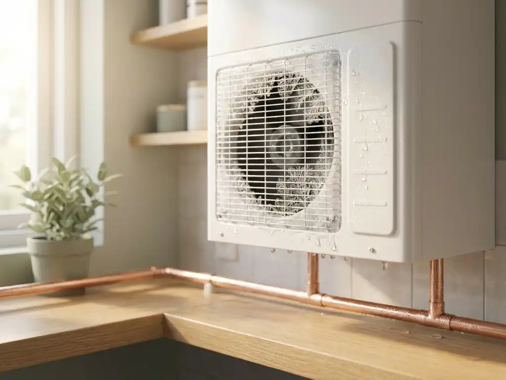 Ijskristallen smelten op een witte warmtepomp in een Nederlandse bijkeuken, met koperen leidingen en zachte condensatiedruppels in ochtendlicht.