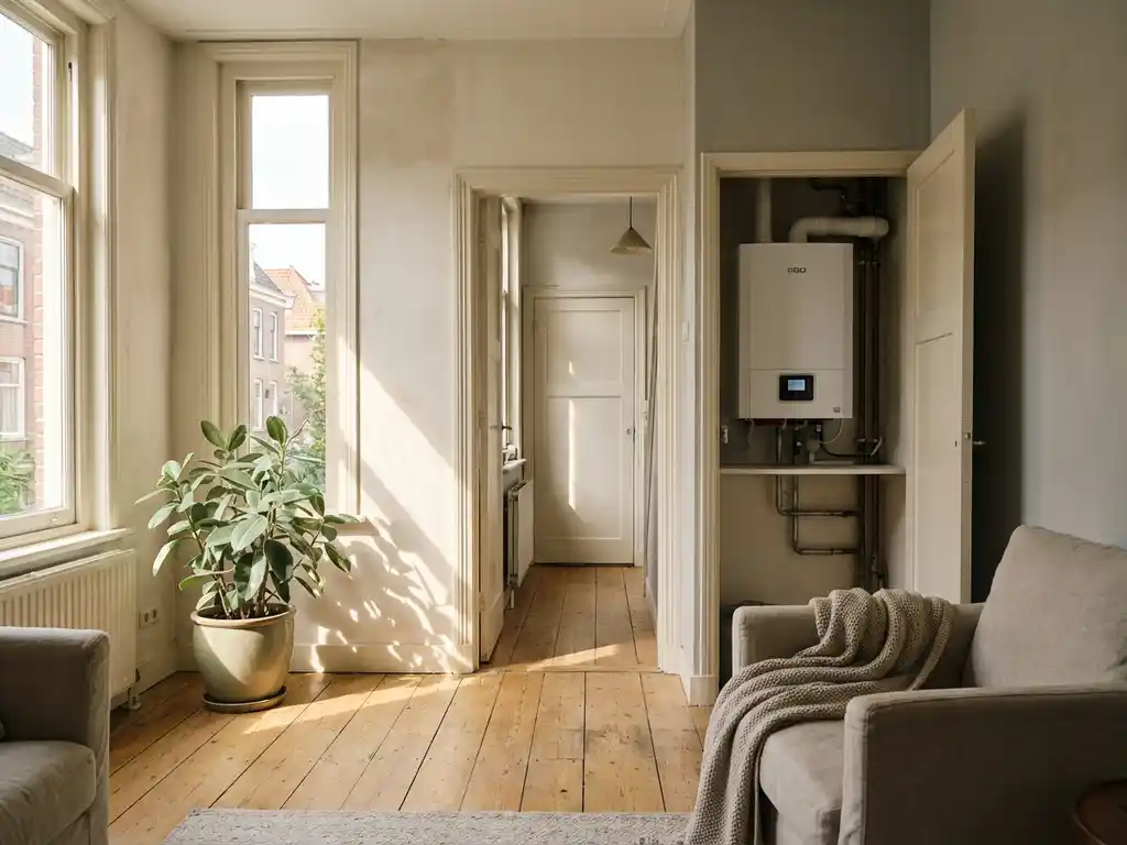 Compacte witte EGO warmtepomp in hallenkast van een Nederlands rijtjeshuis met enkelvoudig glas en eiken vloer.