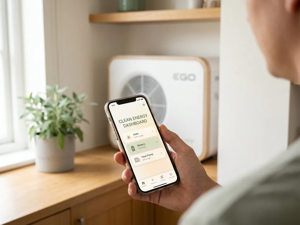 Hand met smartphone met energiedashboard, witte EGO warmtepomp zichtbaar op de achtergrond in nette technische ruimte.