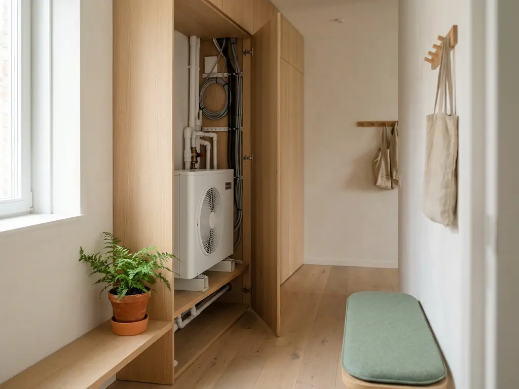 Compacte warmtepomp in technische kast van moderne Nederlandse appartementgang met lichte eiken vloer en witte muren.