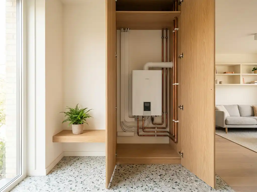 Compacte warmtepomp in technische kast van modern Nederlands appartement met terrazzovloer en lichte eiken accenten.