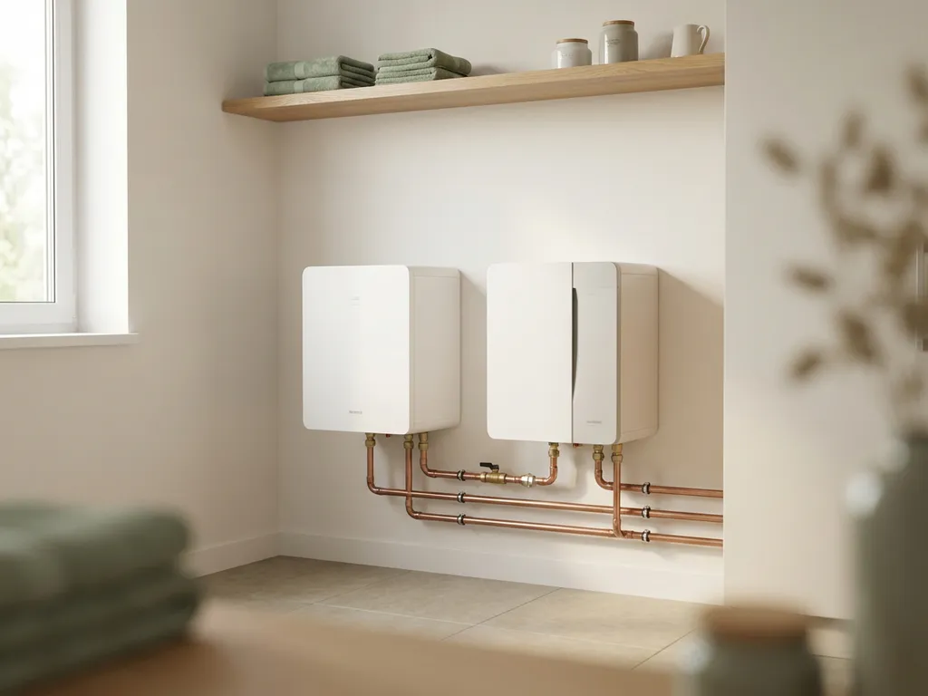 Twee witte warmtepompen naast elkaar in een moderne technische ruimte, verbonden met koperen leidingen en lichte eikenhouten planken erboven.