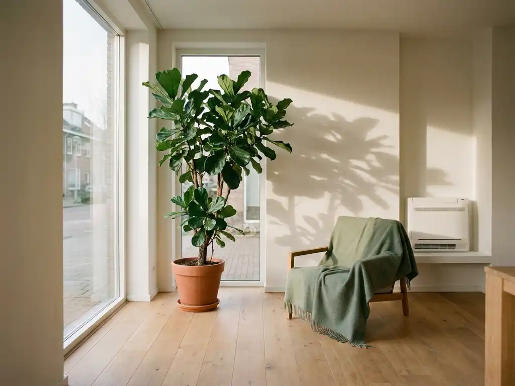 Weelderige kamerplant naast een grote raampartij in een minimalistische Nederlandse woonkamer met lichte eiken vloer en warmwitte muren.
