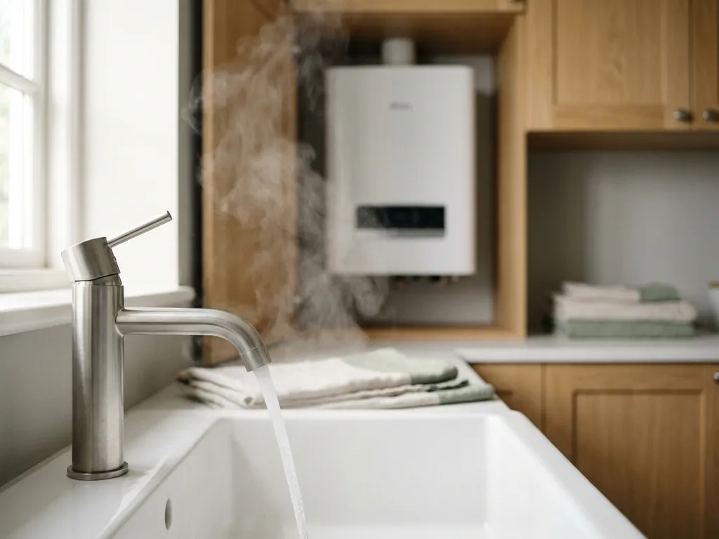 Stomend heet water uit een chroom kraan in witte keramische gootsteen, warmtepomp boiler zichtbaar op achtergrond in Nederlandse bijkeuken.