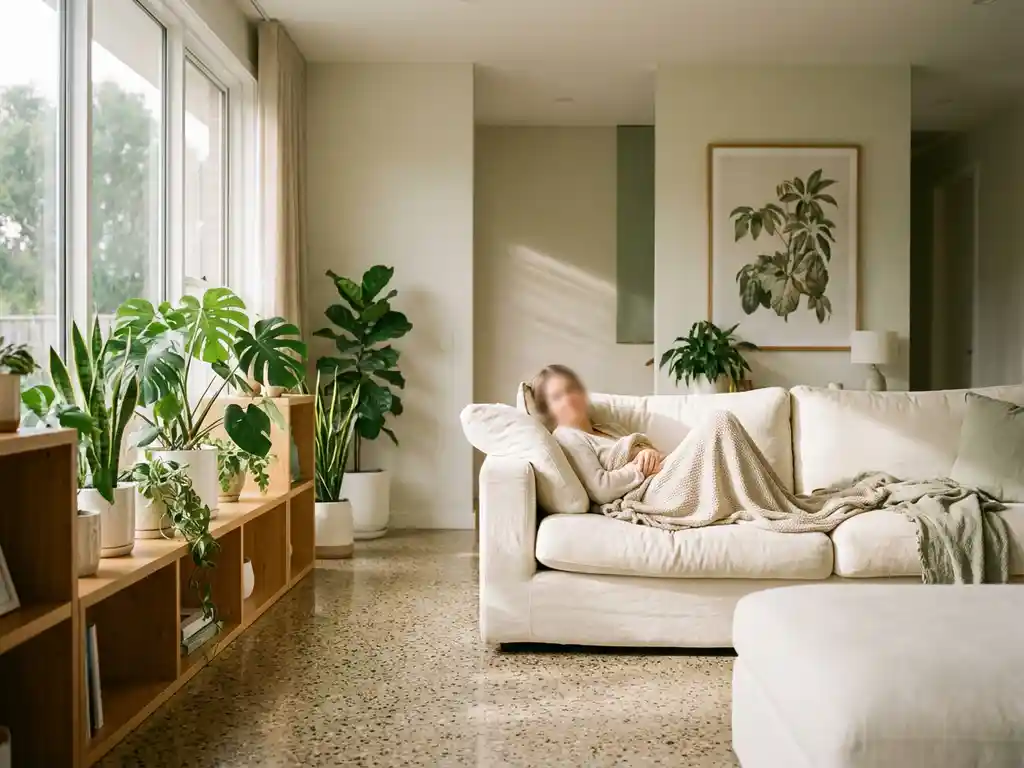 Persoon ontspannen op linnen bank in lichte woonkamer met vloer-tot-plafond ramen, kamerplanten en eiken wandkast.