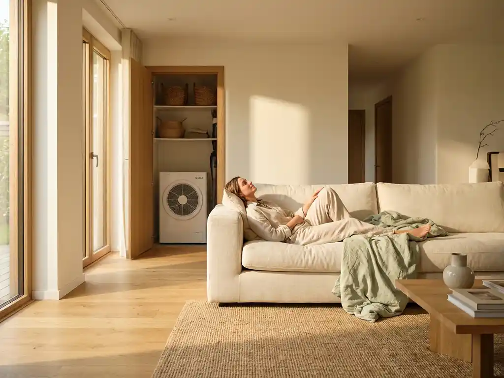 Persoon ontspant op linnen bank in moderne Nederlandse woonkamer met eiken accenten, witte EGO warmtepomp zichtbaar in achtergrond.