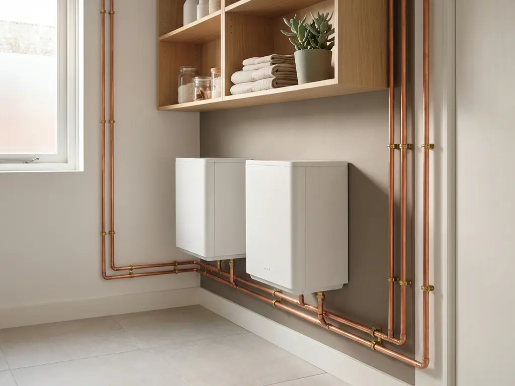 Twee witte binnenunits van een warmtepomp in cascade-opstelling in een moderne, minimalistische technische ruimte met koperen leidingen.