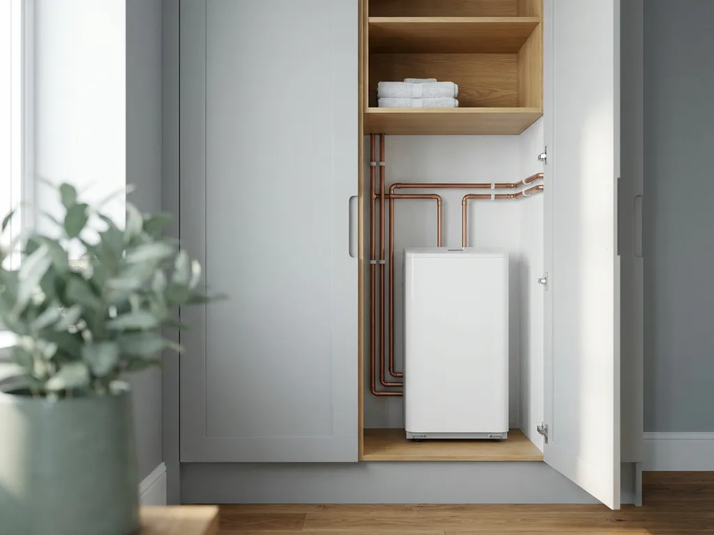 Compacte witte binnenunit van een warmtepomp in een moderne meterkast, met nette koperen leidingen langs witte wanden.