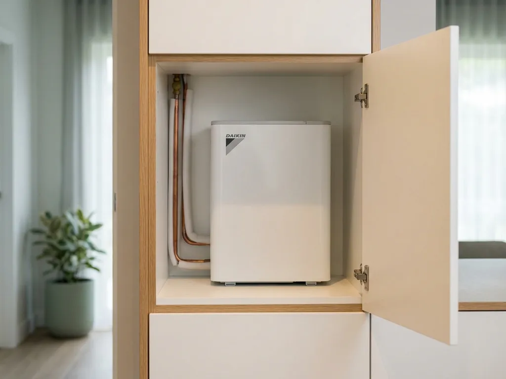 Compacte witte warmtepomp in een moderne Nederlandse meterkast met netjes weggewerkte koperen leidingen langs witte wanden.