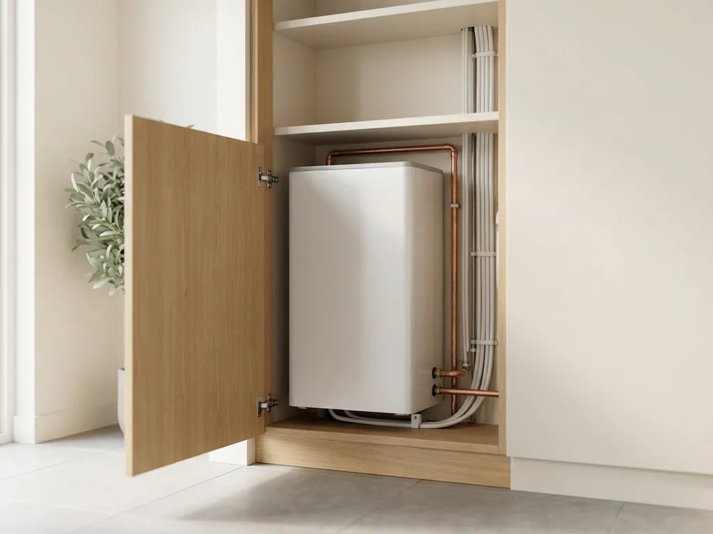 Compacte witte warmtepomp in een moderne Nederlandse meterkast met koperen leidingen en nette kabelgeleiding.