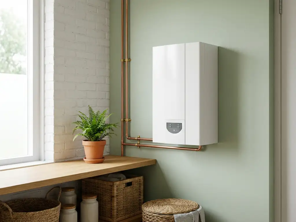 Compacte witte binnenunit van een warmtepomp in een moderne Nederlandse technische ruimte met nette koperen leidingen langs de muur.