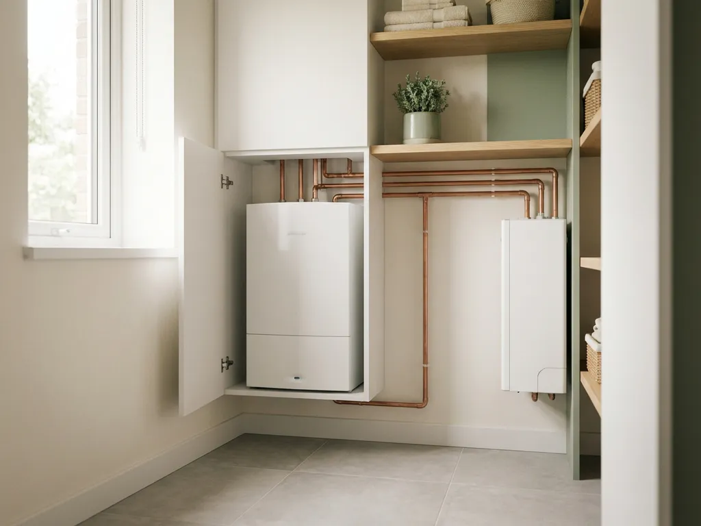 Compacte witte binnenunit van een warmtepomp in moderne technische ruimte, naast een slanke elektrische boiler, met netjes weggewerkte koperen leidingen.