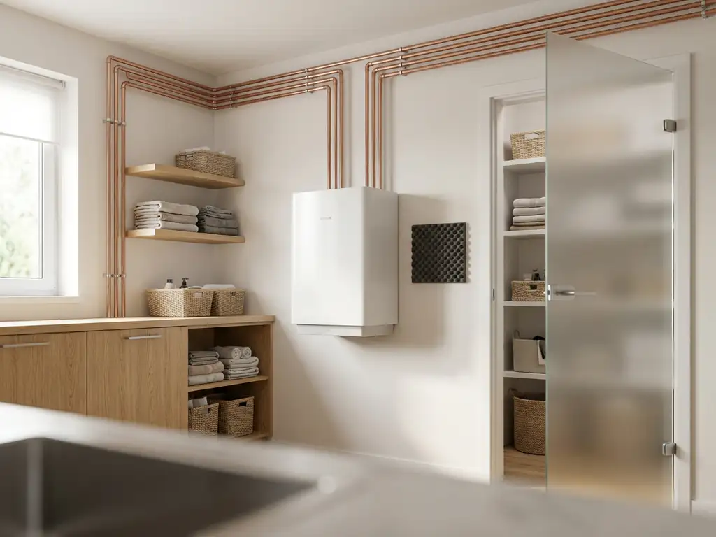 Witte binnenunit van een warmtepomp in een moderne Nederlandse technische ruimte met koperen leidingen langs de muur.