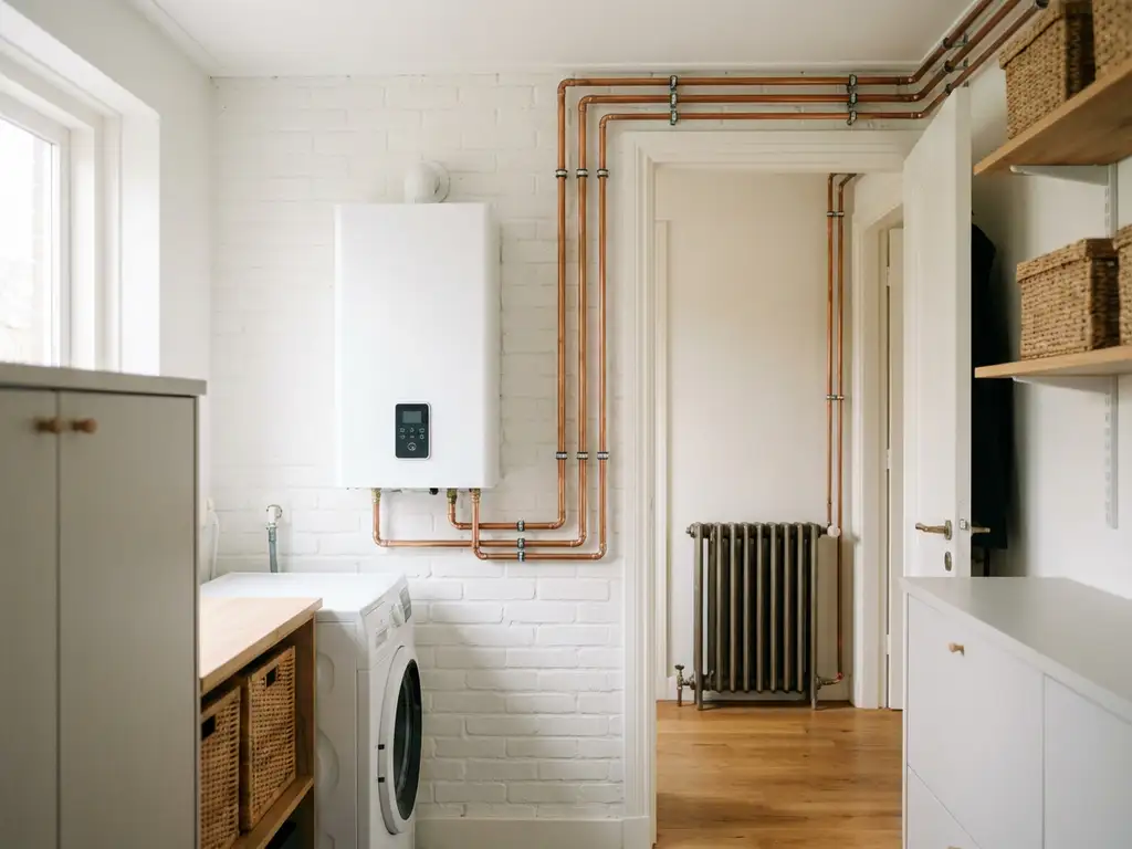 Compacte witte warmtepomp in Nederlandse technische ruimte met koperen leidingen langs de muur en radiator zichtbaar in de gang.