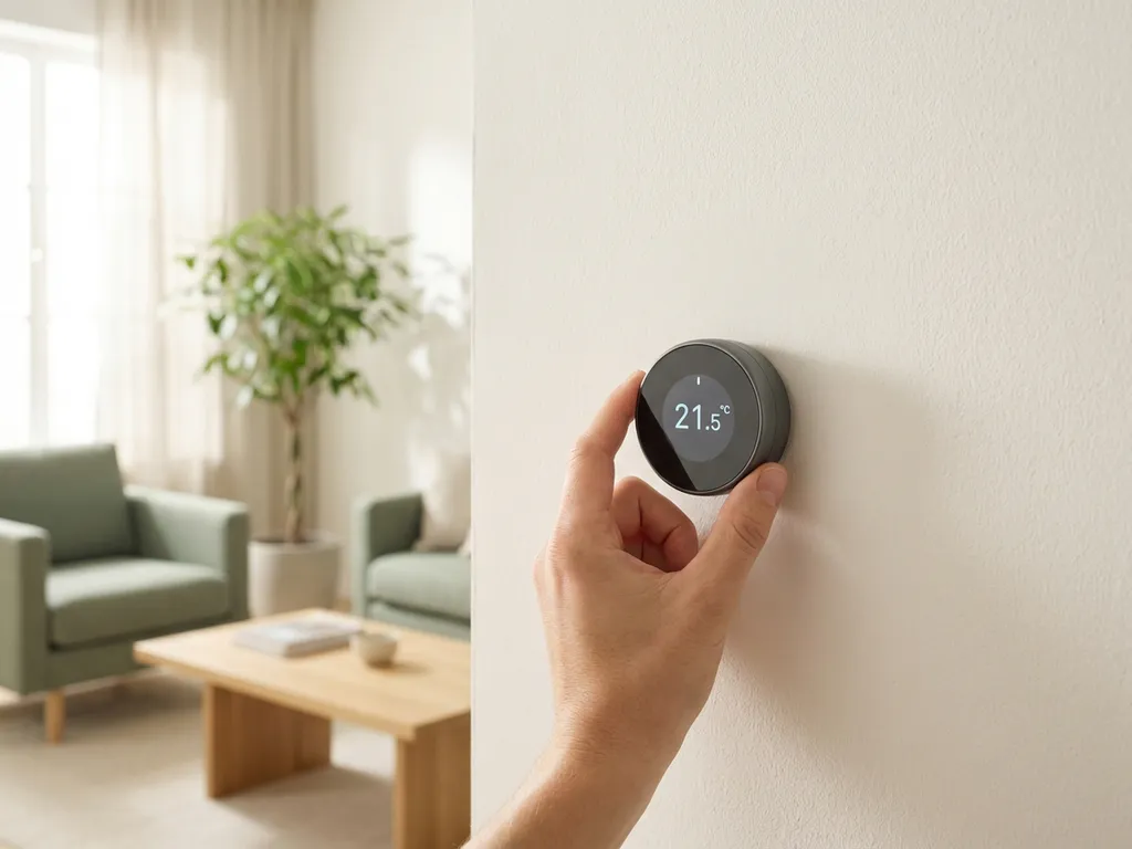 Hand die een digitale thermostaat instelt op een witte muur, moderne Nederlandse woonkamer met lichte eiken meubels op de achtergrond.