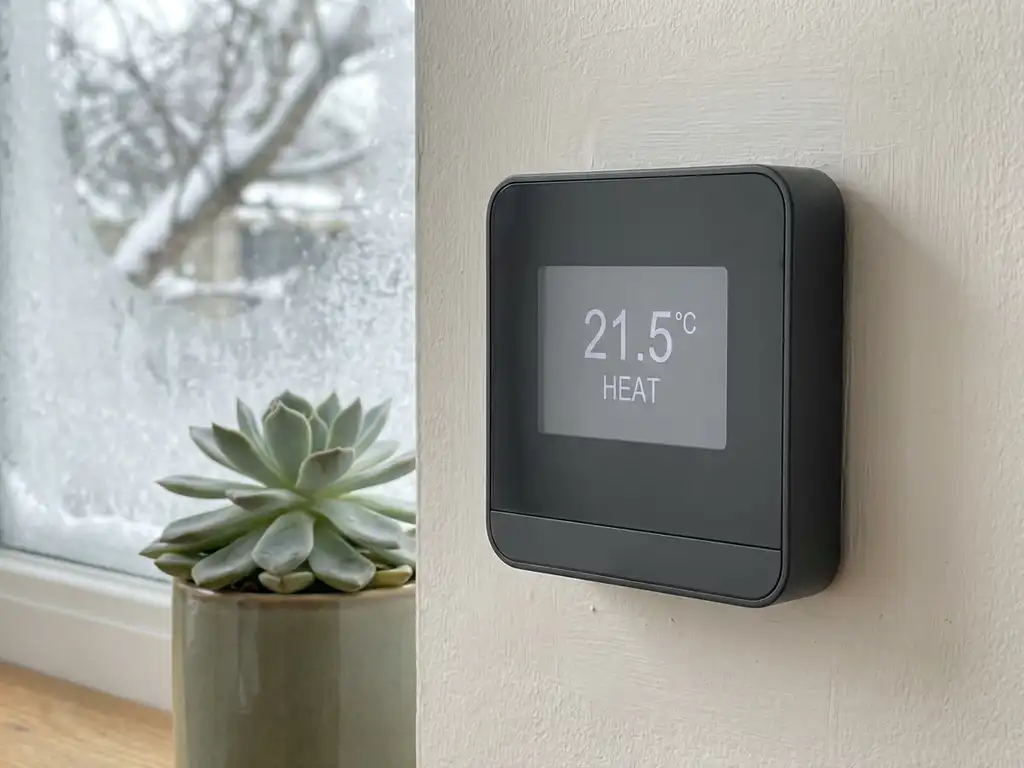 Digitale thermostaat op witte muur met bevroren raam en kamerplant op de achtergrond in winterlicht.