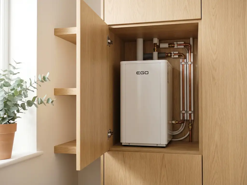 Compacte witte EGO warmtepomp in een nette Nederlandse meterkast met koperen leidingen en eiken houten accenten.
