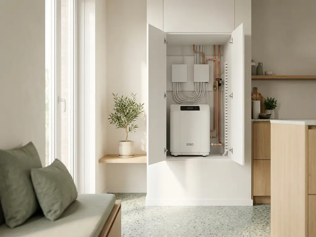 Compacte witte EGO warmtepomp in open technische kast met koperen leidingen, lichte eiken accenten en terrazovloer in modern Nederlands appartement.