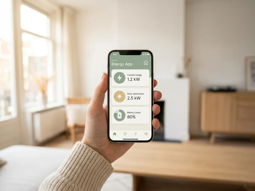 Hand met smartphone waarop een energiedashboard zichtbaar is, in een lichte Nederlandse woonkamer met eiken accenten.
