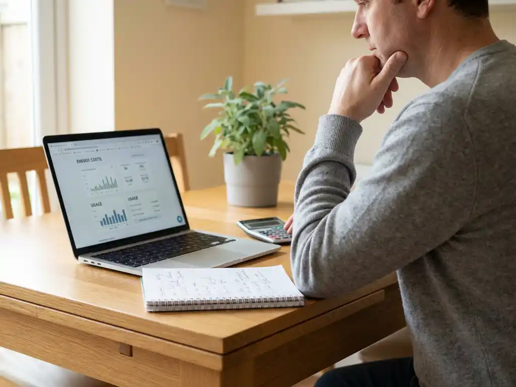 Nederlandse huiseigenaar berekent energiekosten aan eiken keukentafel met notitieboek, laptop en rekenmachine.