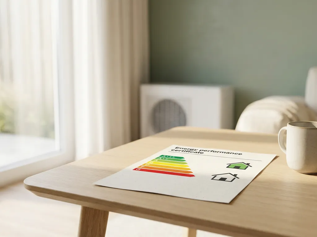 Energielabel certificaat op licht eiken oppervlak in minimalistische Nederlandse woning, met witte warmtepomp op de achtergrond.