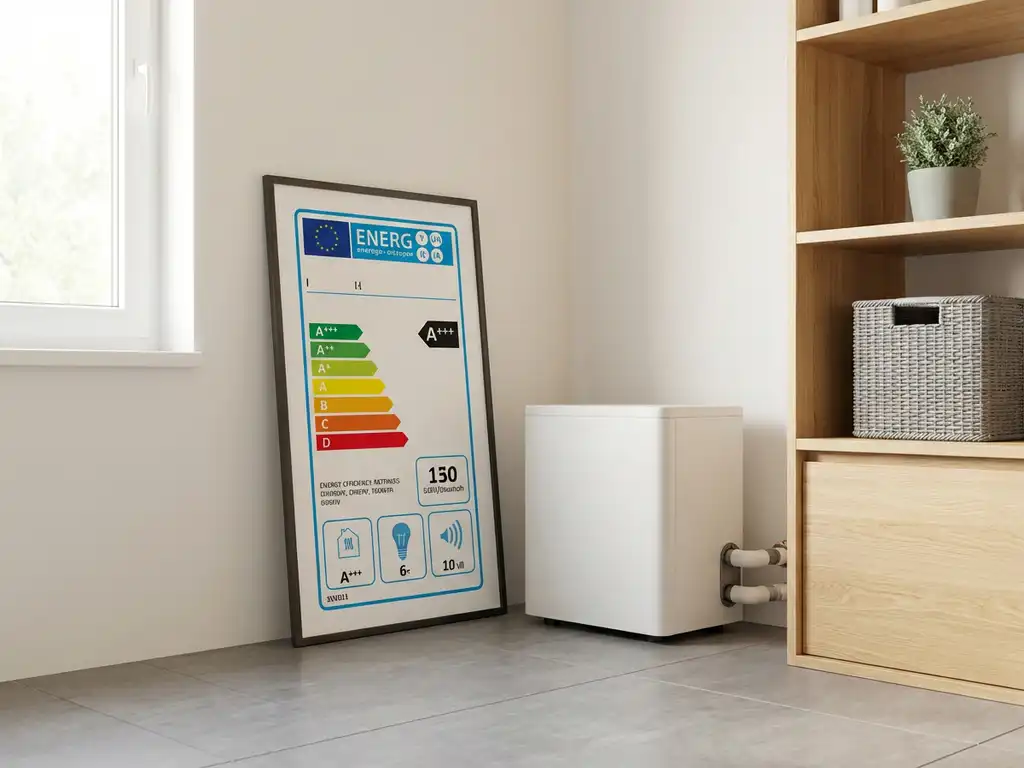 Energielabel certificaat naast een compacte witte warmtepomp in een nette Nederlandse meterkast met lichte eiken planken.