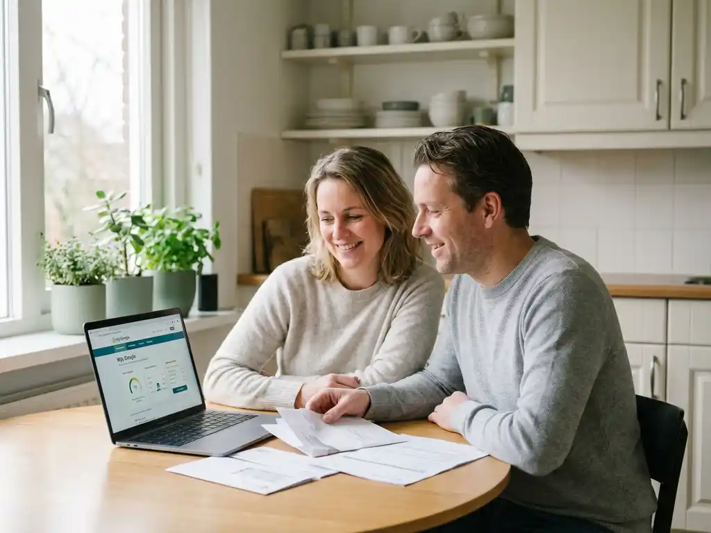 Nederlandstalig stel van begin 40 bekijkt energierekeningen op laptop aan eiken keukentafel, ontspannen en zelfverzekerd.