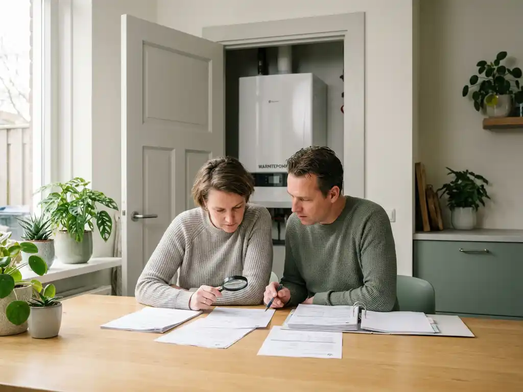 Nederlanders bekijken gemeentelijke eigendomsdocumenten aan eiken tafel, compacte warmtepomp zichtbaar op achtergrond.
