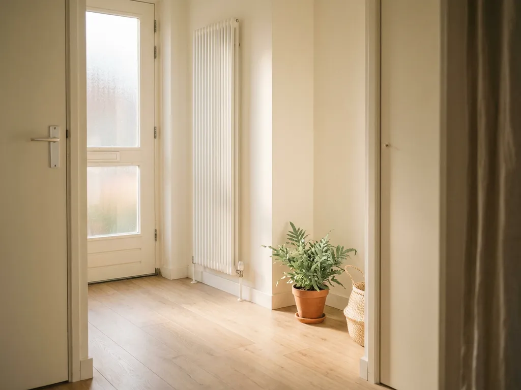 Lichte hal van een Nederlandse rijtjeswoning met lichte eiken vloer, witte muren en een smal modern radiator naast een salie-groene kamerplant.