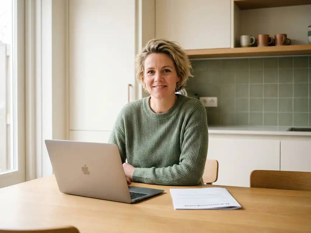 Nederlander van middelbare leeftijd aan eiken keukentafel met laptop en opengevouwen energiecontract, rustige zelfverzekerde houding.