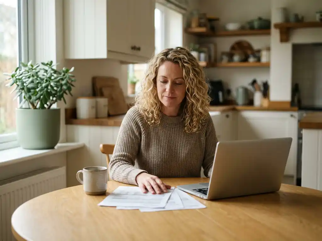 Nederlander van middelbare leeftijd vergelijkt energiecontracten aan een eiken keukentafel met laptop en uitgeprinte documenten.