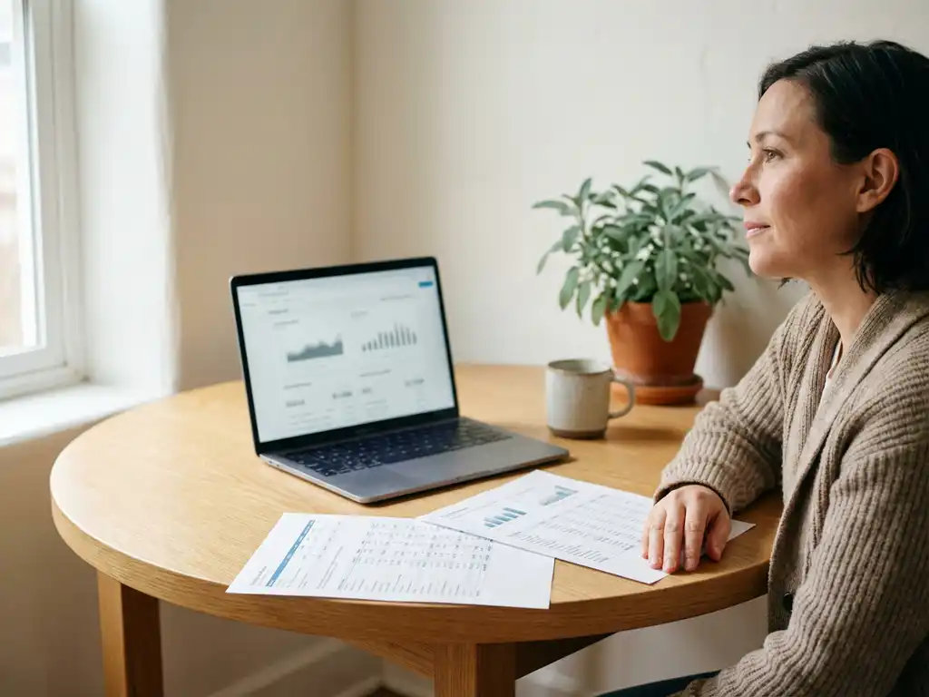 Nederlandse huiseigenaar vergelijkt specificatiebladen en energiekosten op laptop aan eiken keukentafel.