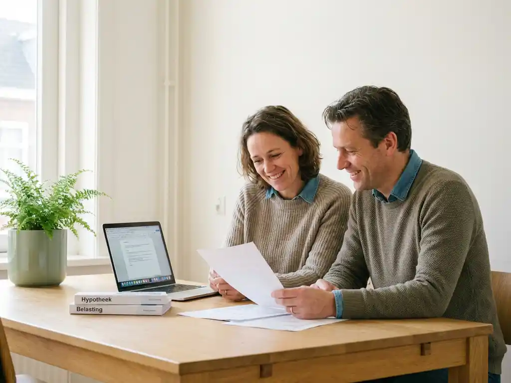 Nederlands stel van begin veertig bekijkt financiële documenten aan een lichte eiken keukentafel met laptop, ontspannen en zelfverzekerd.