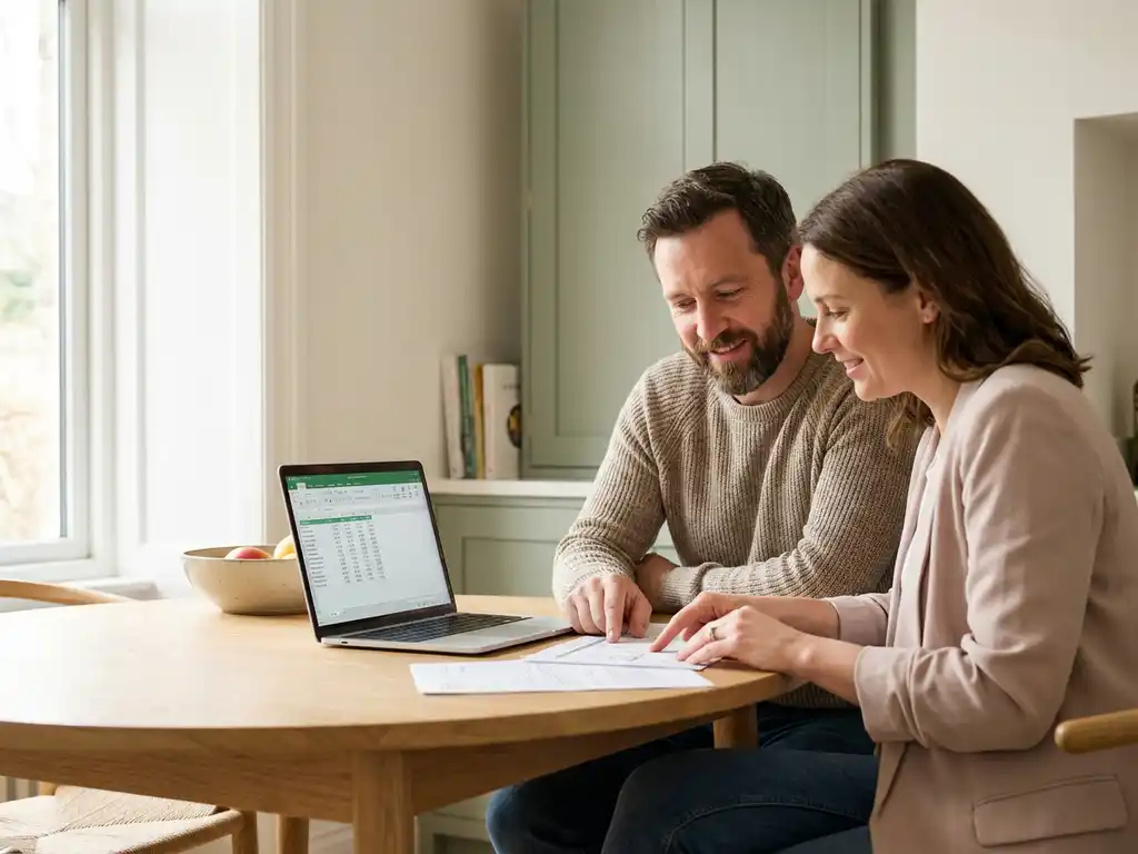Stel van middelbare leeftijd bekijkt financieringsdocumenten voor woningaankoop aan een eiken keukentafel met laptop.