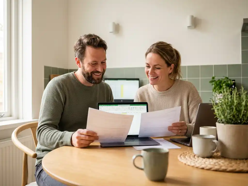 Nederlands stel van begin veertig bekijkt hypotheekpapieren aan eiken keukentafel met laptop, ontspannen en zelfverzekerd.