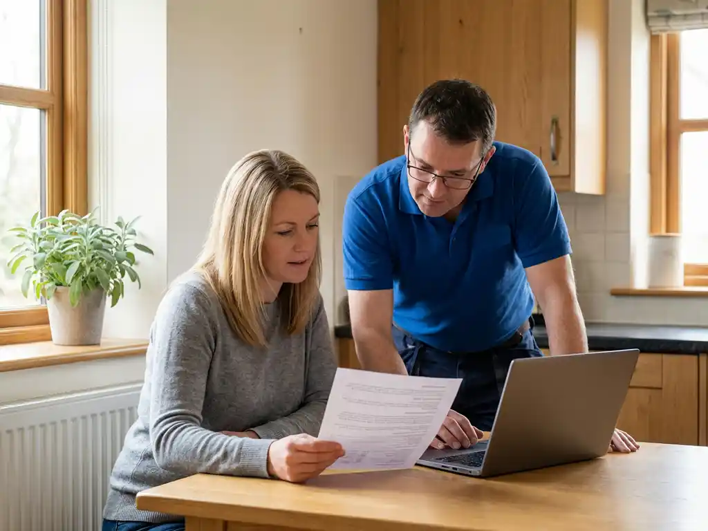 Huiseigenaar en installateur bespreken offerte aan eiken keukentafel met laptop, warm naturel interieur op de achtergrond.