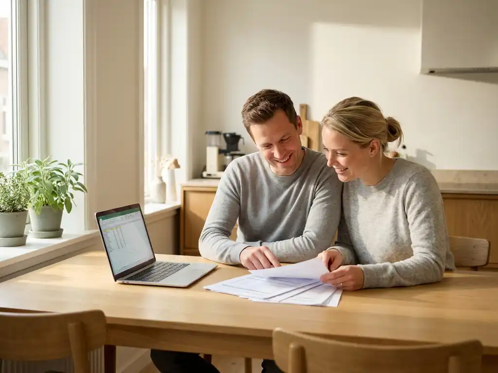 Nederlandstalig stel van middelbare leeftijd bekijkt kostendocumenten aan eiken keukentafel met laptop, lichte Scandinavische keuken op achtergrond.