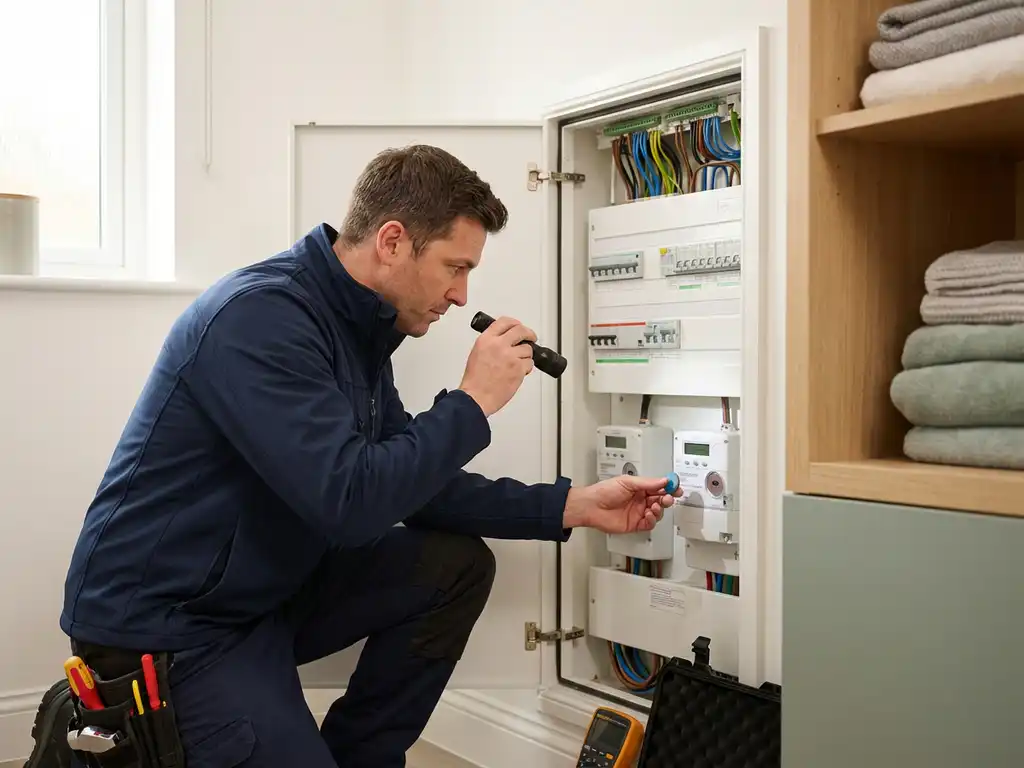 Technicus in marineblauw werkkleding inspecteert een moderne meterkast met georganiseerde bedrading en installatieautomaten.